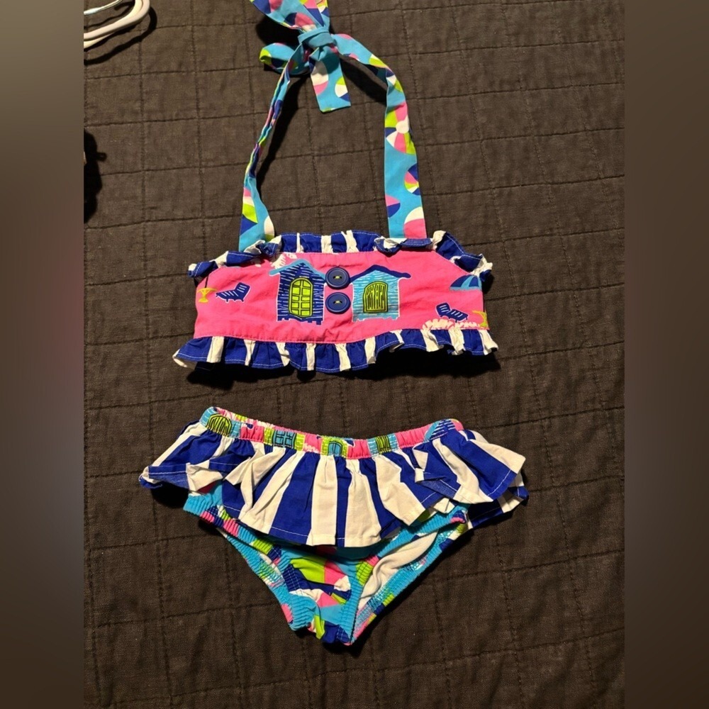 Eleanor Rose Pink Blue Beach Hut Ruffle Halter Bikini Swimsuit Set 12M‎